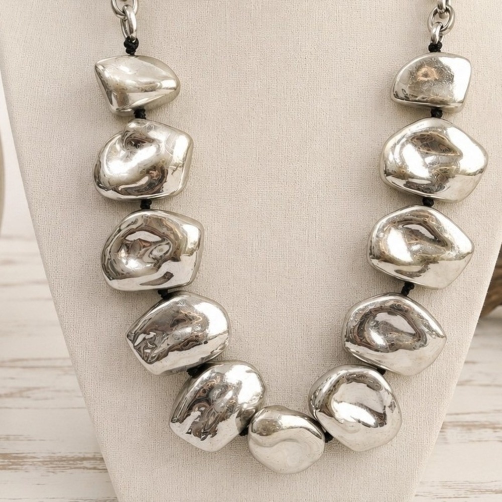 Vintage Silver Tone Chunky Necklace 20" Acrylic Nugget Bead Chain Necklace
